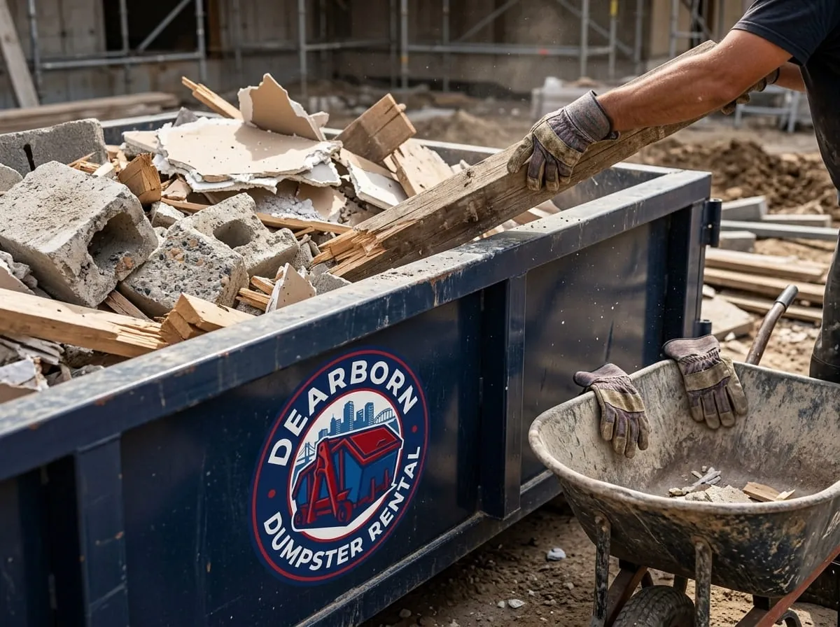 Close-up of concrete rubble and a barrow beside a roll-off container