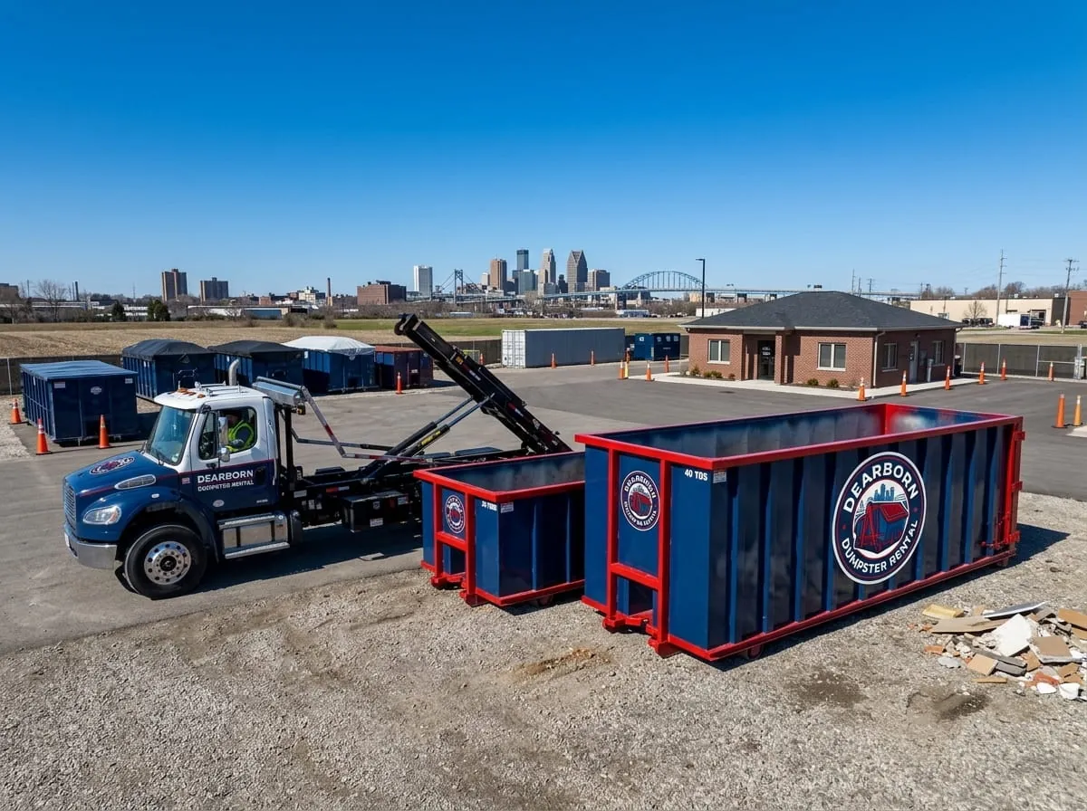 Dearborn Dumpster Rental roll-off container and truck working a job in Wayne County Dearborn Dumpster Rental roll-off container and truck working a job in Wayne County