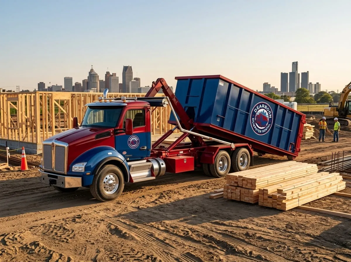 Roll-off container being placed at a Dearborn, Michigan building site